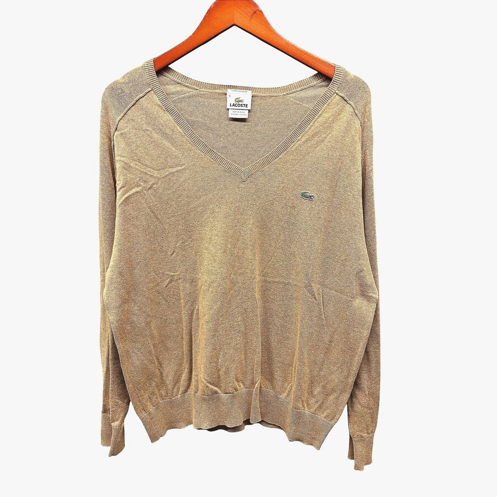 Lacoste Cotton Cashmere V-Neck Sweater Mens XL Tan Preppy Knit Pullover